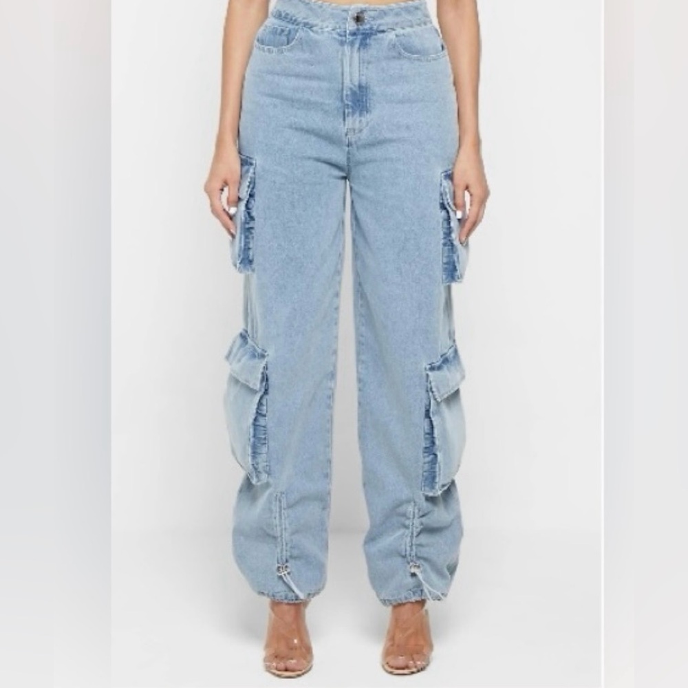 Maniere De Voir Blue High Waisted Cargo Jeans